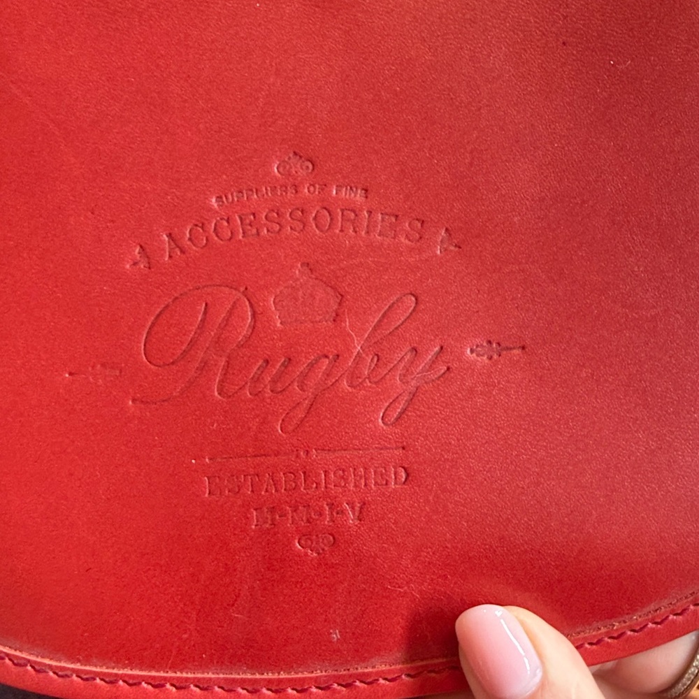 Rugby Ralph Lauren Leather Red Saddle Bag with Blue and White Striped Strap - Picture 2 of 10